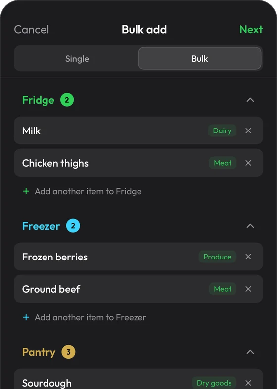 Fridge Life bulk-adding items to the fridge, freezer, and pantry